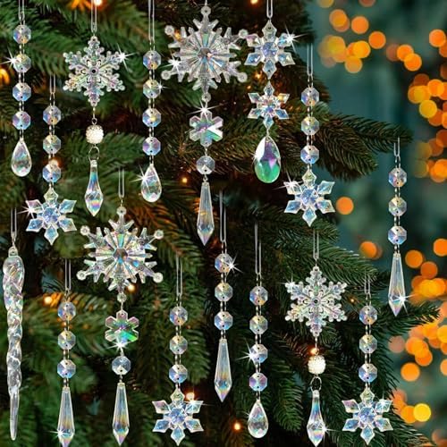Crystal Christmas Tree Ornaments, 48pcs Iridescent Acrylic Snowflake Icicle