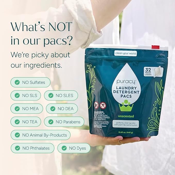 Puracy Laundry Detergent Pods with 2 Bio-Powered Enzymes, Free and Clear for Sensitive Skin, Non Toxic Richly Concentrated Washing Detergent Pods, 32 Ct (Pack of 3)