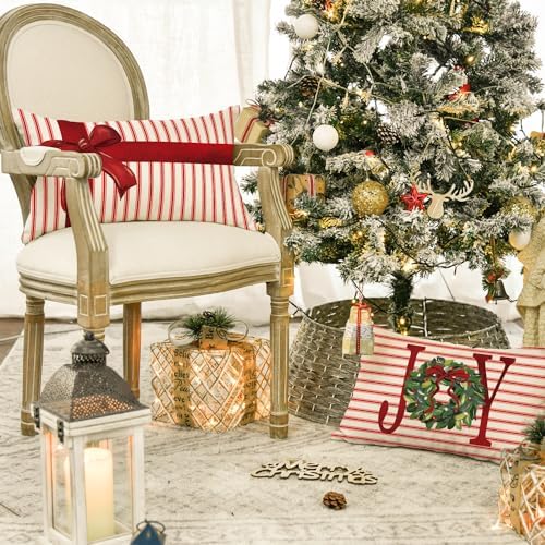 AVOIN colorlife Merry Christmas Let It Snow Joy Stripes Gift Box Red Throw Pillow Covers, 12 x 20 Inch Xmas Tree Holiday Cushion Case Decoration for Sofa Couch Set of 4