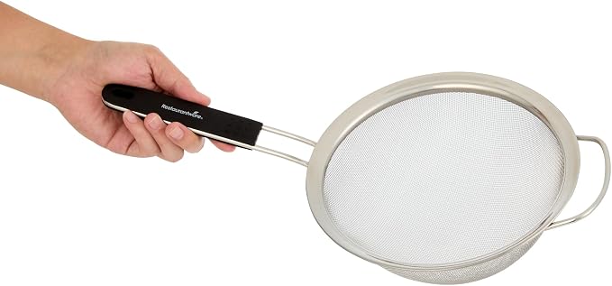Restaurantware Fine Mesh Strainer 1 Count 15" x 7.8" x 3" with Silicone Handle Stainless Steel Extra Fine Mesh Strainer Heat-Resistant Handle Dishwasher-Safe for Rice, Quinoa, Pasta