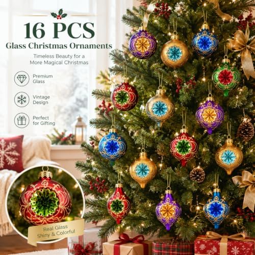 16 Pcs Vintage Glass Christmas Ornament Reflector Decor, Retro