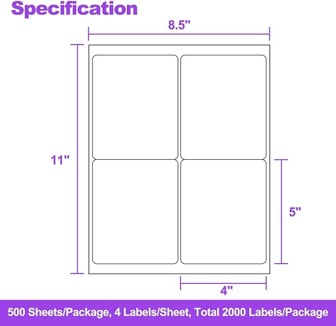 4" x 5" Shipping Labels – 500 Sheets, 2000 Labels – 4 Per Page – Compatible with Laser & Inkjet Printers – Permanent Adhesive Address Labels for Shipping, Mailing & Organization