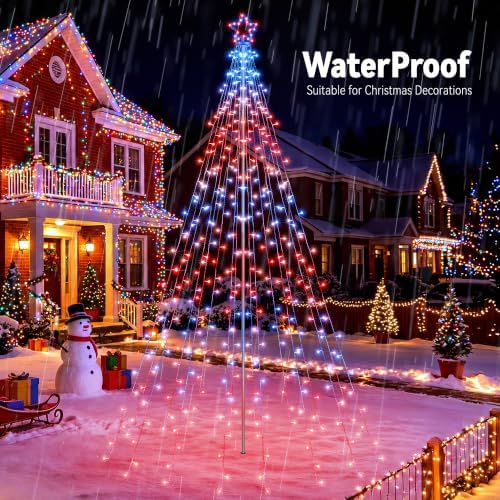 10 FT Outdoor Christmas Tree Lights, 408 RGB LEDs with Star, Pole & Remote
