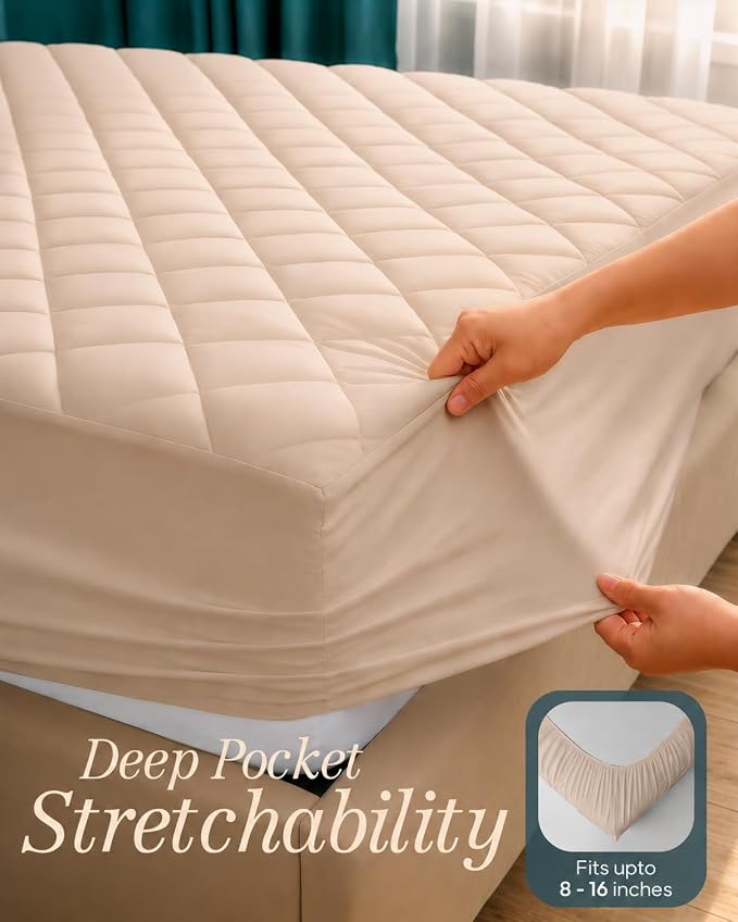 Quilted Fitted Mattress Pad, Full Mattress Protector Topper with Deep Pocket Stretches up to 16 Inches, Machine Washable Mattress Cover by Utopia Bedding (Beige)