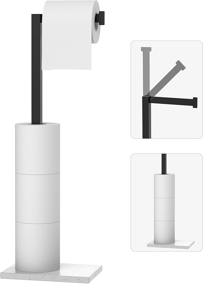 Free Standing Toilet Paper Holder Stand Matte Black SUS 304 Stainless Steel Rustproof 22 Inch Rotating Bathroom Tissue Roll Holder for 4 Rolls with Marble Base
