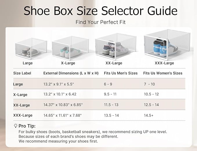 Kuject XX-Large Shoe Storage Boxes Organizers Clear Plastic Stackable 12 Pack, Shoe Rack & Holder Substitute, Sneaker Containers, Shoe Storage Organizer Bins for Closet, Under Bed,White(No Fold Line)