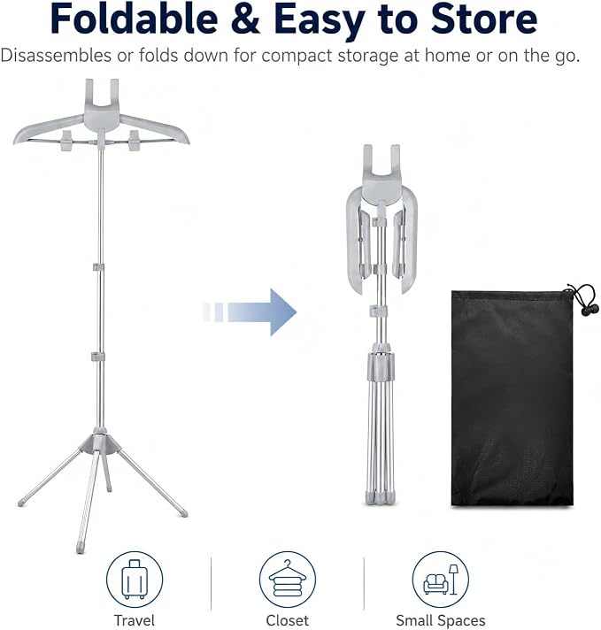 Foldable Garment Steamer Hanger Stand with Ironing Gloves, Adjustable Steamer Rack Included Lint Remover & Storage Bag, 2 Clips&Portable Ironing Board for Suits Shirts Coats Portable Travel Home Use