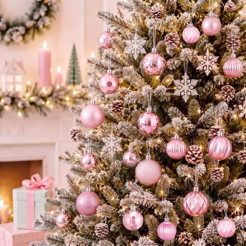 Lunmon 64 Pieces Pink Christmas Ball Ornaments Shiny Pink Xmas Bulbs