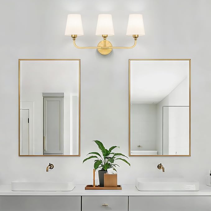 Bathroom Vanity Light, Brushed Gold Bathroom Light Fixtures, 3-Light Lighting Fixtures Over Mirror, Modern Wall Sconce with Flared White Fabric Shade, E26 Socket(ETL Listed)