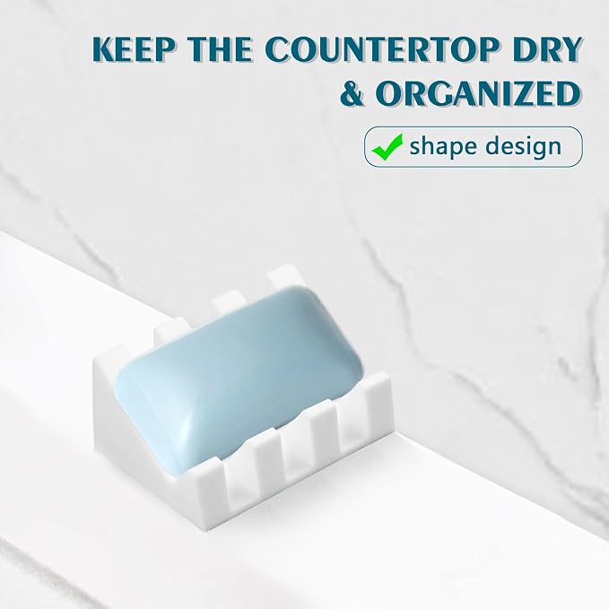 Self Draining Soap Dish Holder,Silicone Soap Dish,for Bathroom,Kitchen, Sponges，Can Extend Soap Life，Keep Soap Bars Dry and Easy Cleaning (N-White,3-Pack)