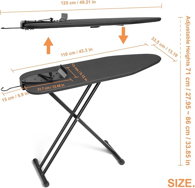 Duwee 13"×43" Ironing Board Full Size with Moveable Iron Holder,Black | Iron Board with Heat Resistant Cover Thicken Felt Pad,Folding Adjustable Height Compact Ironing Board