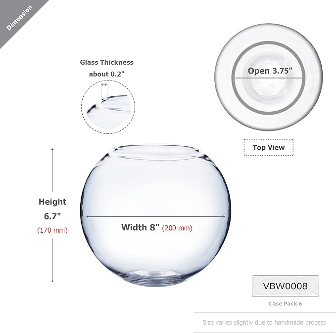 WGV Bowl Glass Vase, Diameter 8", Height 6.5", Open Width 3.75", (Multiple Sizes Choices) Clear Bubble Planter Terrarium Fish Bowl for Wedding Event Home Decor, 1 Piece (VBW0008)