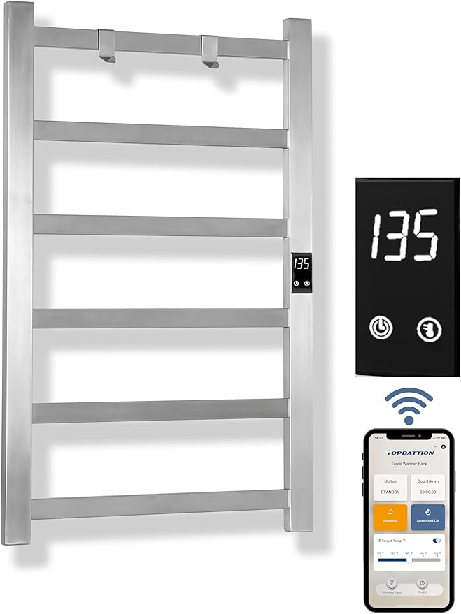 Topdattion Smart Wireless Electric Towel Warmer | Blade Thin 6 Bar Design | Hardwired & Plug-in | Alexa & Google Home Compatible | Brushed Finish