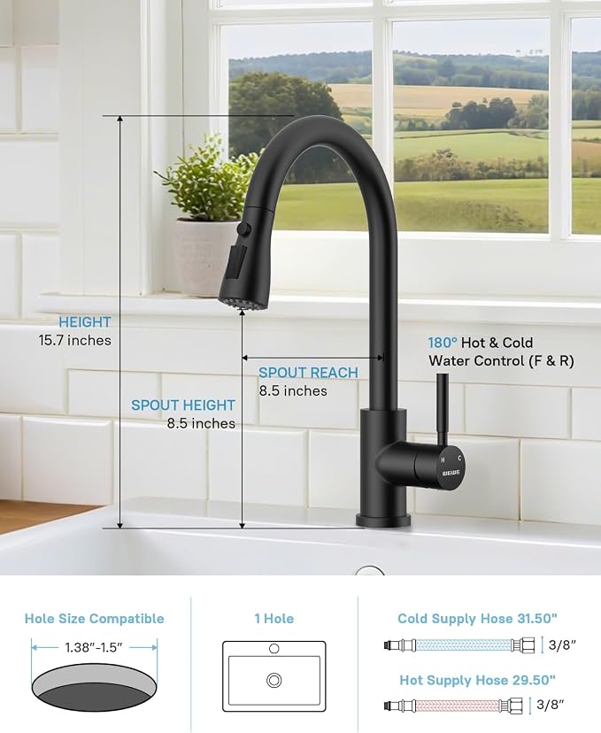 WEWE Kitchen Faucet with Pull Down Sprayer and Soap Dispenser, Matte Black High Arc Single Handle Stainless Steel Sink Faucet, Suitable for Farmhouse, RV & Laundry