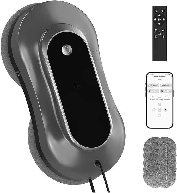 Intelligent Window Cleaning Robot - Electric Window Cleaner with Dual Water Spray, Remote & App Control, Suitable for Interior & Exterior Windows, Includes 12 Cloths, Grey