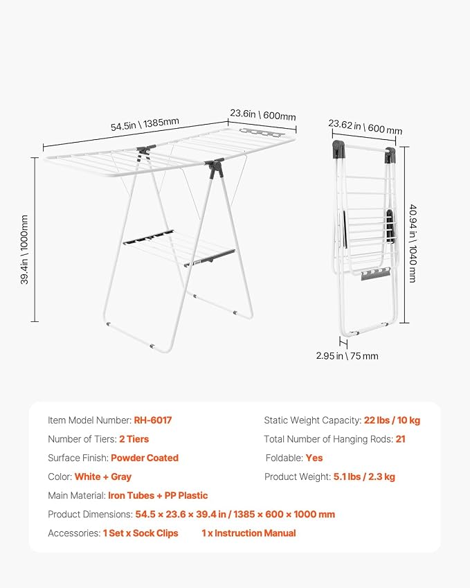 VEVOR Clothes Drying Rack, 2-Tier Foldable Laundry Dryer Rack with Sock Clips & 21 Drying Rods, Metal Height Adjustable Drying Racks for Outdoor & Indoor, Free-Standing & Space-Saving Hanger, White
