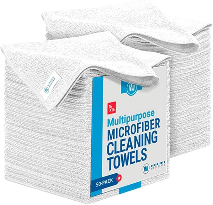 Microfiber Wholesale White Microfiber Cleaning Cloths, 50 Pack 16x16 – Absorbent All-Purpose Kitchen & Household Towels – Reusable, Machine-Washable Wash Cloths for Glass, Counters, Bath & Cleaning