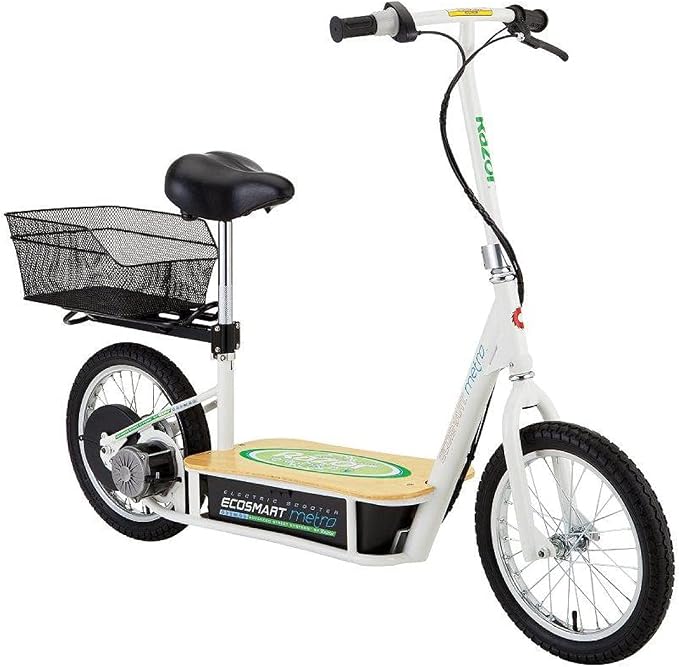 Razor EcoSmart Metro Electric Scooter for Adults - 500W High Torque Motor, Up to 18MPH, 16" Air Filled Tires, Rear Wheel Drive, Height Adjustable Seat and Detachable Luggage Basket, Bamboo Deck