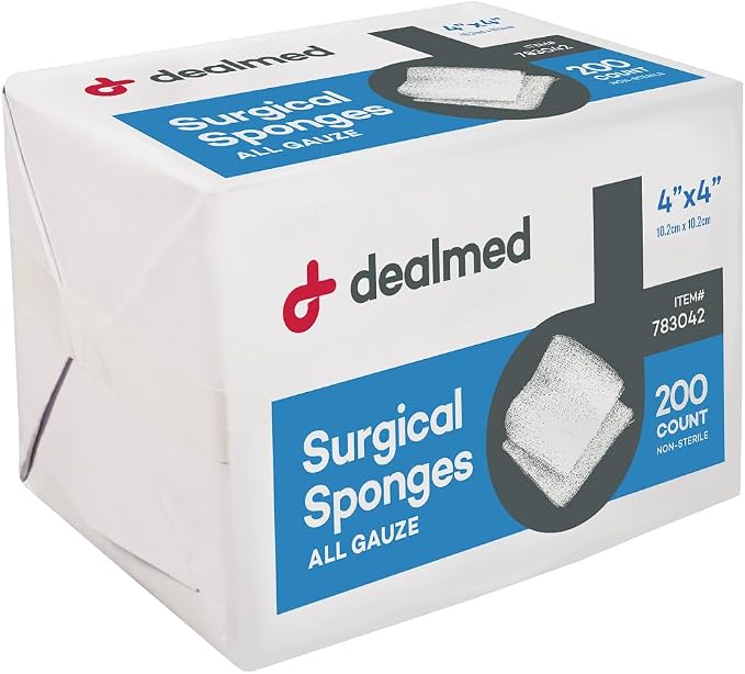 Dealmed 4" x 4" Surgical Sponges, 8-Ply, Non-Woven Absorbent Gauze Sponges for Wound Care, First Aid Kits and Medical Facilities, 200 Count (Pack of 4)