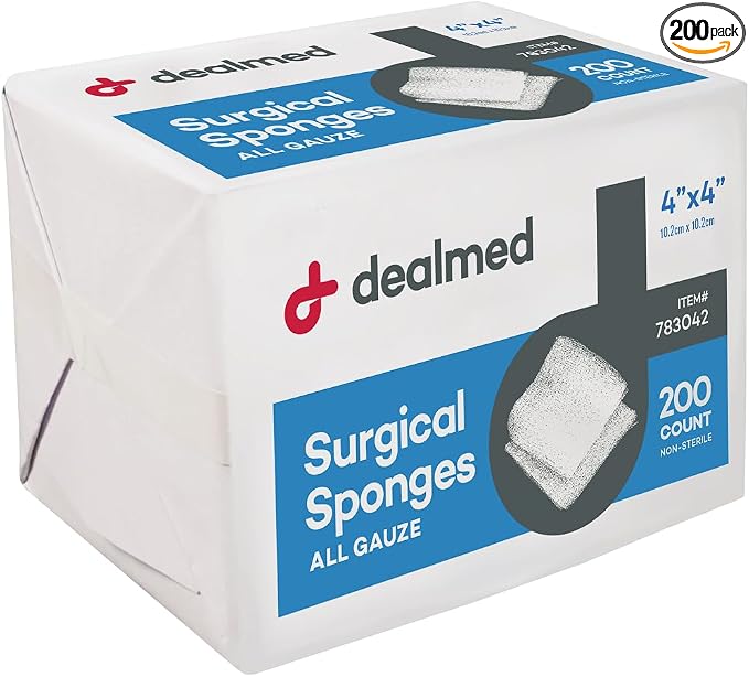 Dealmed 4" x 4" Surgical Sponges, 8-Ply, Non-Woven Absorbent Gauze Sponges for Wound Care, First Aid Kits and Medical Facilities, 200 Count (Pack of 1)