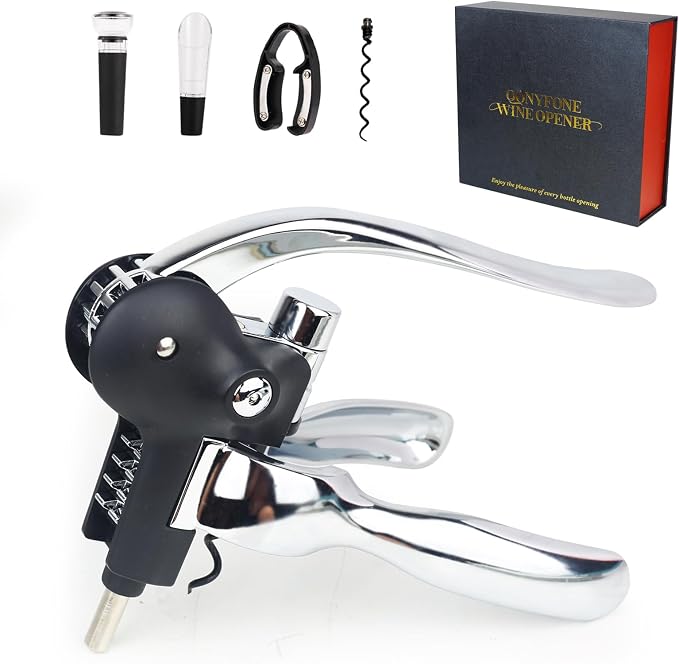 Wine Opener, Rabbit Corkscrew with Luxury Gift Box, Premium 5-Piece Set, Includes Wine Stopper, Foil Cutter, Wine Pourer, Quick and Easy Cork Extraction for Wine Lovers (Futura Silver)