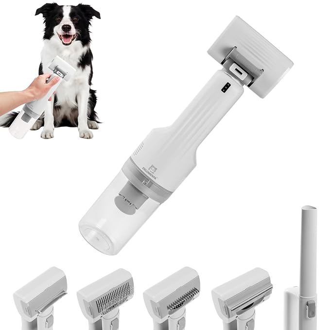 Deshedding Brush with Vacuum Suction, 5-in-1 Pet Hair Removal Tool for Dogs Cats, Cordless Undercoat Rake Removes Loose Hair, 9Kpa Pet Vacuum Cleaner for Furniture Carpet