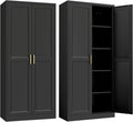 Steeloong 71"Metal Pantry Storage Cabinet with Doors & 4 Adjustable Shelves | Kitchen Pantry Cabinet,Black Kitchen Cabinet with 2 Gold Handles,Tall Cabinet for Livingroom,Pantry, Bathroom,Kitchen,Garage