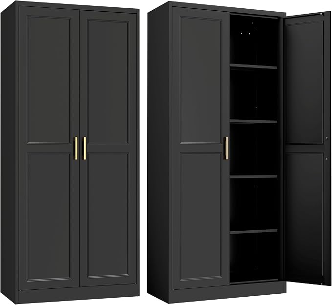 Steeloong 71"Metal Pantry Storage Cabinet with Doors & 4 Adjustable Shelves | Kitchen Pantry Cabinet,Black Kitchen Cabinet with 2 Gold Handles,Tall Cabinet for Livingroom,Pantry, Bathroom,Kitchen,Garage