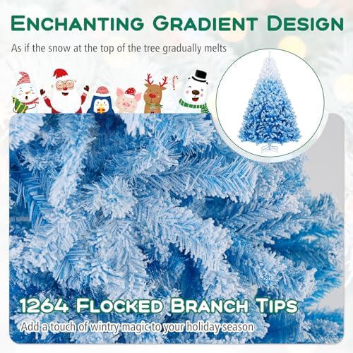HAPPYGRILL 7 FT Flocked Christmas Tree Blue Hinged Xmas Tree with 1264 Branch Tips & Folding Metal Stand, Artificial Christmas Tree for Home Office Carnival