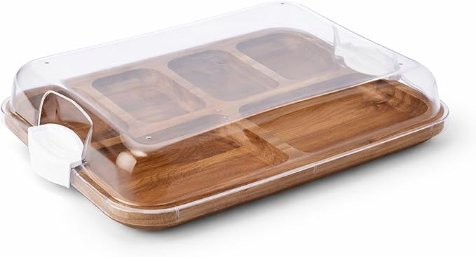 Farberware Build-A-Board Acacia Cutting Board with Compartments and Clear Locking Lid, White Handles, 11x14 Inches - Charcuterie Board, Snack Tray, Food Prep and Portable Entertaining Platter