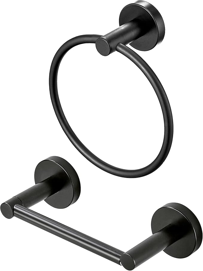 Black Toilet Paper Holder Towel Ring Matte Bathroom Accessories Set Hand Towel Holder Wall Mount Bath Hardware TP Tissue Roll Holder with Double Post Pivoting SUS304 Stainless Steel 2pc