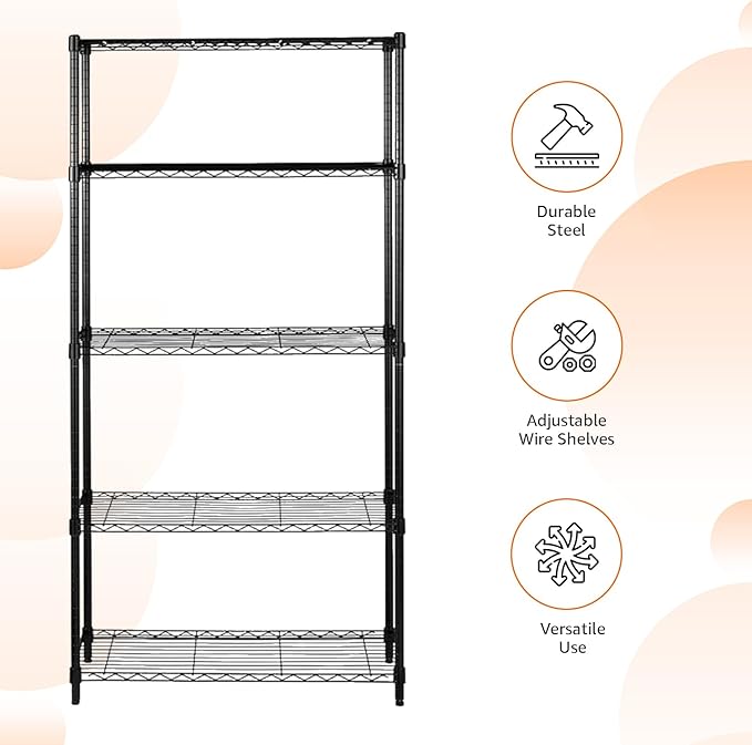 Amazon Basics 5-Shelf Adjustable Heavy Duty Steel Wire Storage Shelves for Garage, Kitchen, Easy Assembly, 36" x 14" x 72", Black