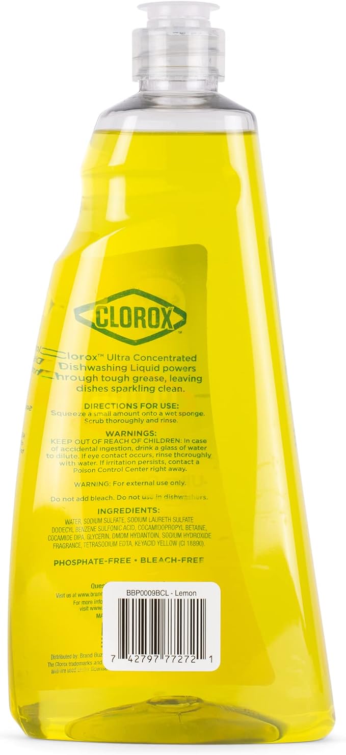 Clorox Ultra Concentrated Liquid Dish Soap with OXI, Lemon Scent - Bleach-Free Dermatologist Tested Dishwashing Detergent That Powers Through Grease and Lifts Stains, 26 Fl Oz