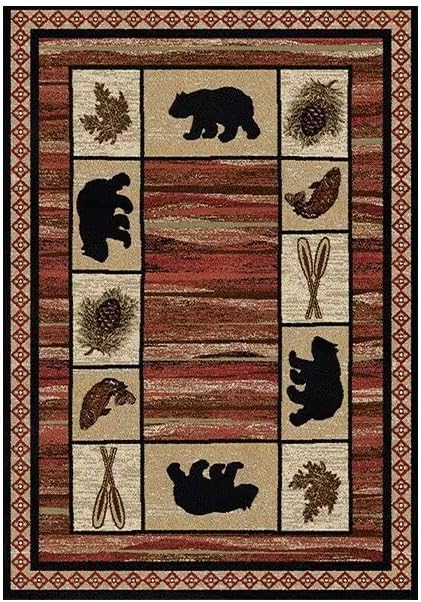 Vintage Cabin Bear Area Rug for Entrance Kitchen Luxury Red Plaid Fish Plants Pattern Rugs Non-Slip Rustic Lodge Floor Mat 3'x5'