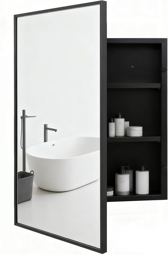 Brushed Sliver Metal Medicine Cabinet Right-Angled Rectangle-Design,Bathroom Mirror with Storage, Recessed or Surface Mounted, 2 Adjustable Metal Shelves (Brushed Black, 24x32)