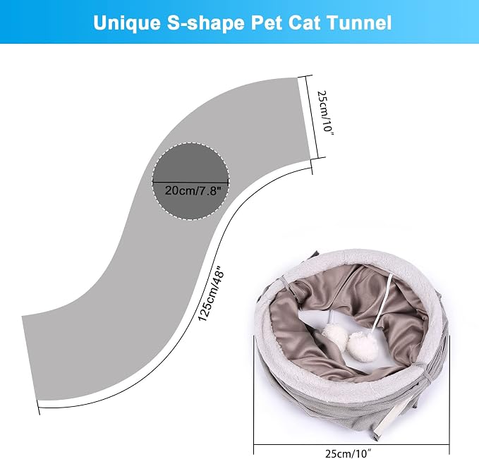 Ownpets S-Shape Cat Tunnel Toy 48"L x 10"D, for Cats, Puppies & Small Pets | Collapsible for storage, tear-resistant oxford fabric, connects to other tunnel, with peek hole, feather wand, indoor/outdoor