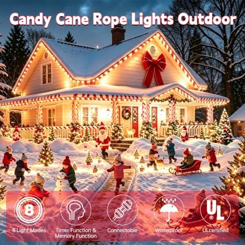 Christmas Candy Cane Lights Outdoor, 66ft White & Red Christmas rope Lights