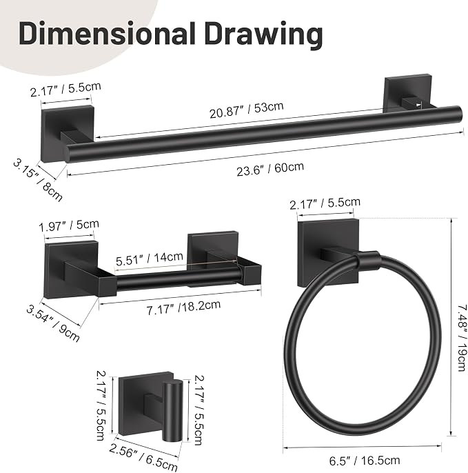 Lairuier 5 Pieces Bathroom Hardware Set Matte Black Towel Bar Set Includes 23.6” Towel Bar, Towel Ring Holder, Toilet Paper Holder and Two Towel Hooks, Bathroom Accessories Set SUS304 Wall Mounted