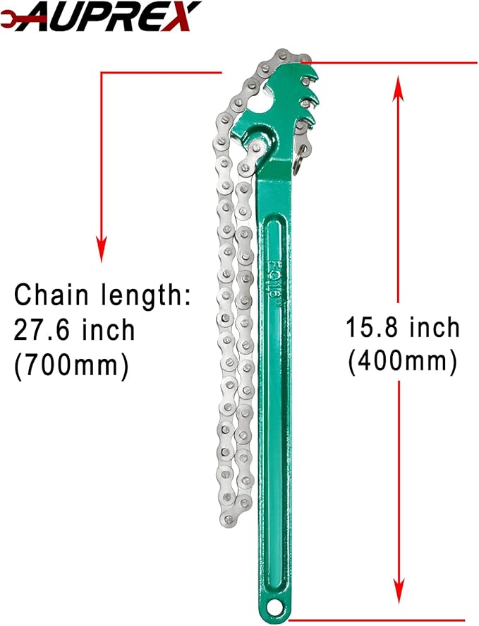 AUPREX 16 Inch Sturdy Adjustable Heavy Duty Ratcheting Chain Oil Filter Wrench Reversible Chain Style Pipe Fitter Wrench With Multi-Purpose Compatible With Max 8 Inch Diameter