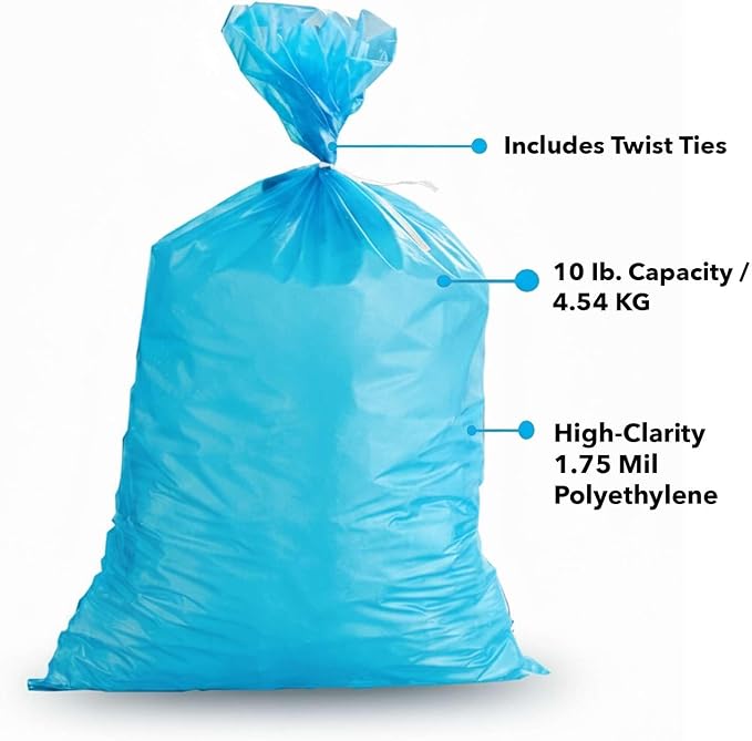 1000 Pack 10 lb Blue Heavy-Duty Plastic Ice Bags - 1.75 mil Durable Freezer Ice Packing Bags with Twist Ties for Retail, Catering & Commercial Use