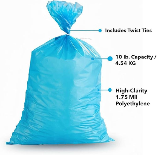 1000 Pack 10 lb Blue Heavy-Duty Plastic Ice Bags - 1.75 mil Durable Freezer Ice Packing Bags with Twist Ties for Retail, Catering & Commercial Use