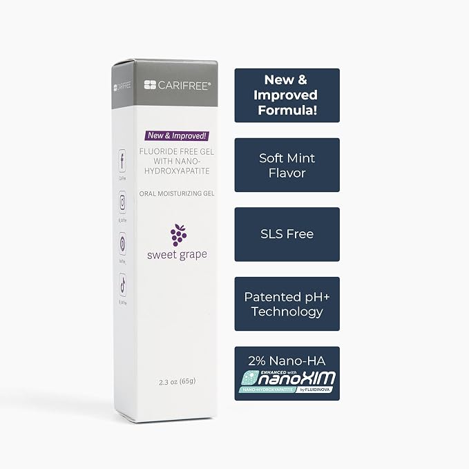 CariFree Fluoride Free Gel (Grape): Nano Hydroxyapatite Toothpaste, Neutralizes pH, Freshens Breath and Moistens Mouth, Dentist Recommended | Fluoride-free nano-HAp gel; neutralizes pH, remineralizes; freshens breath & moistens mouth; dentist recommended.