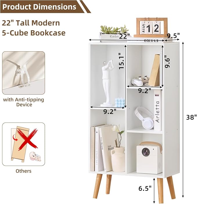 LEYAOYAO 5 Cube Bookshelf, Mid-Century Modern Book Shelf with Legs, White | 3 Tier Bookcase, Rustic Wood Bookshelves Freestanding Small Storage Organizer, Open Shelves for Bedroom, Living Room, Office