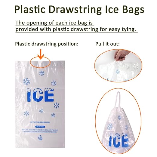200 PACK 8 lb. Plastic Drawstring Ice Bags 11 x 19 Inch Heavy-Duty Ice Bags with Plastic Draw String (2mil Thickness) | Ice Bags with Plastic Draw String (2mil Thickness)