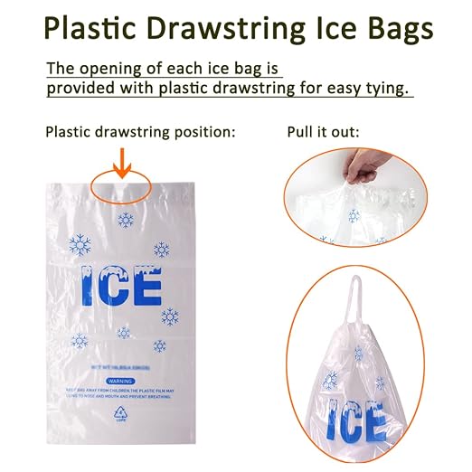 100 PACK 5 lb. Plastic Drawstring Ice Bags 9 x 17 Inch Heavy-Duty | Plastic Ice Bags with Draw String (2mil Thickness)