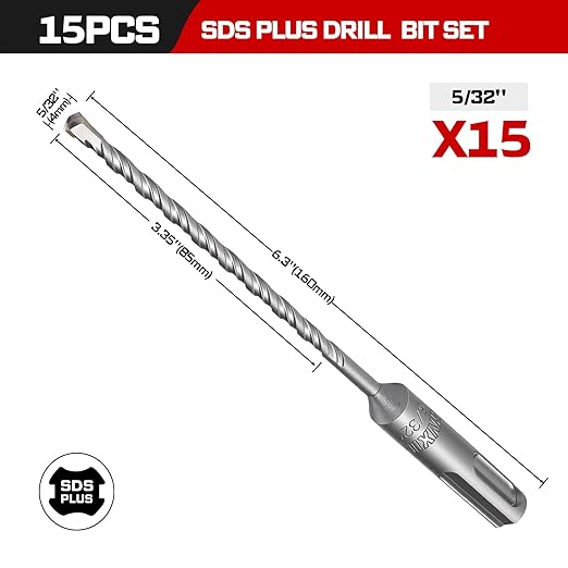 GEINXURN 15 PCS 5/32" x 6" Double Thread Rotary Hammer Drill Bits, Masonry Drill Bits Tool Set Carbide Tipped, Drilling in Brick, Stone and Concrete, Cement Walls