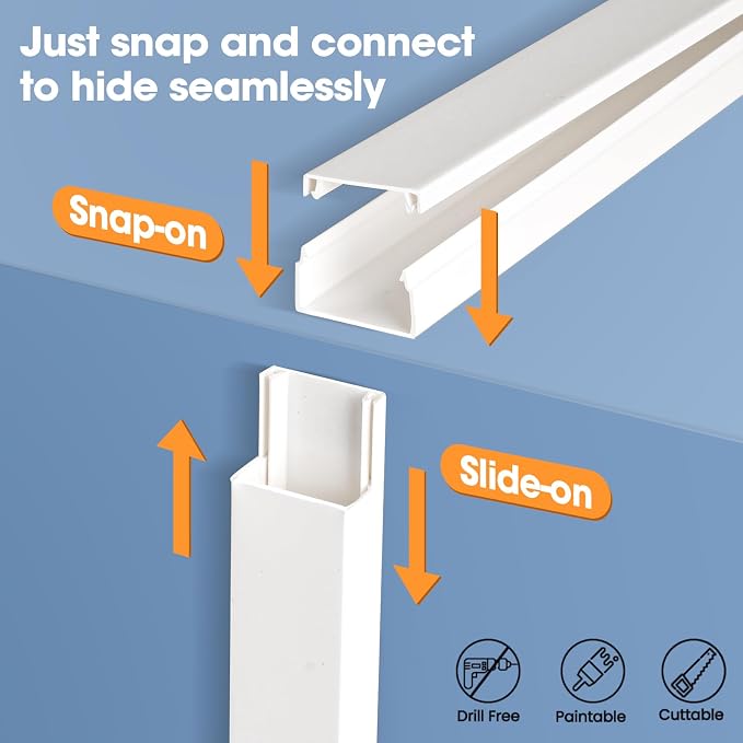 YesBes 116in Cord Hider Kit, Cord Covers for Wires on Wall, Paintable Cable Raceway, Cord Hider for Wall Mount tv, tv Cable Hider Wall kit, Wire Covers for Cords, W0.96in X H0.57in, White