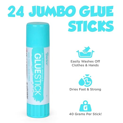 Darice Jumbo Glue Sticks, 1.4 Oz (40g) – All-Purpose Washable School Glue for Crafts, Paper, & Fabric – Clear Drying, Acid-Free & Non-Toxic – Bulk Classroom Supply (24 Pack)