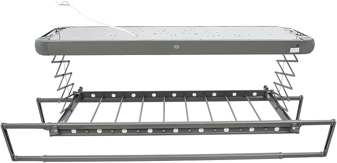 Electric Clothes Airing Rack,Adjustable Ceiling Mounted Smart Control Clothes Airing Rack w/ LED Lighting & 2 Retractable Rods,Vertical Laundry Clothesline w/ 8 Horizontal Rods for Balcony (Gray)