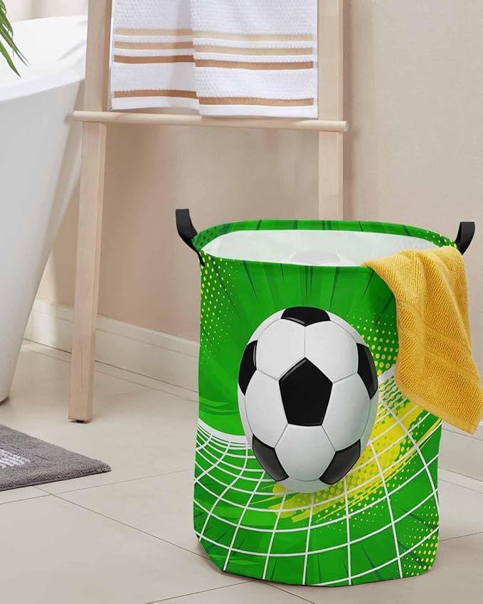 Collapsible Laundry Basket 60L, Green Football Storage Bin Laundry Hamper with Handles, Soccer Ball Goal Net Vibrant Waterproof Clothes Baskets for Bathroom/Bedroom 16.5 x 17 In